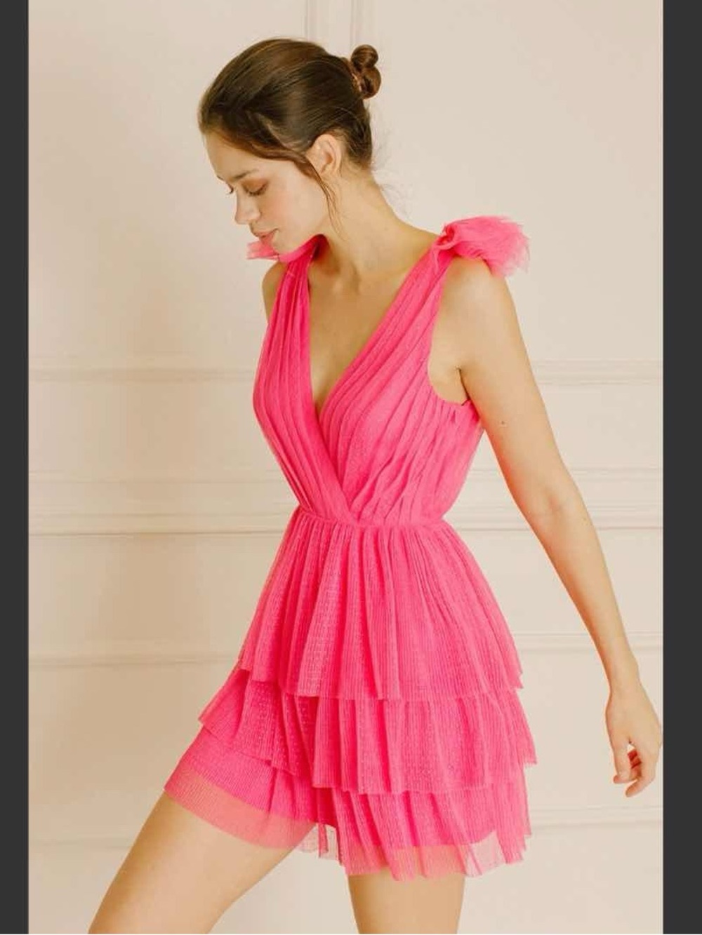 Pink Tiered V-Neck Tulle Dress